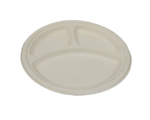 10-Inch Round 3-Compartment Bagasse Plate – Eco-Friendly & Sturdy Disposable Plate