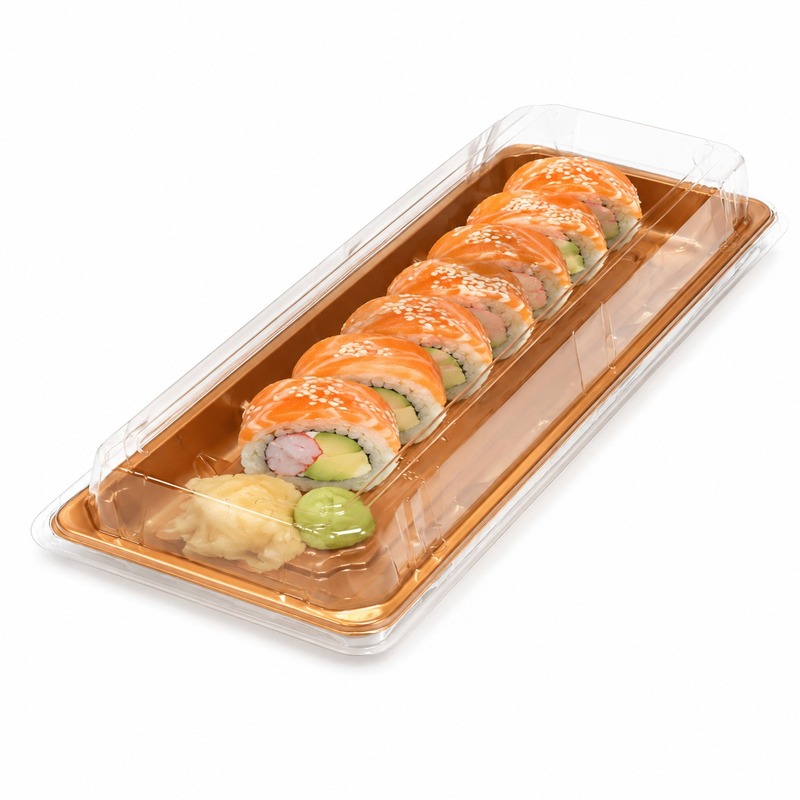 Premium Sushi Packaging Tray with Transparent Lid – Gold Base | 8 Pieces